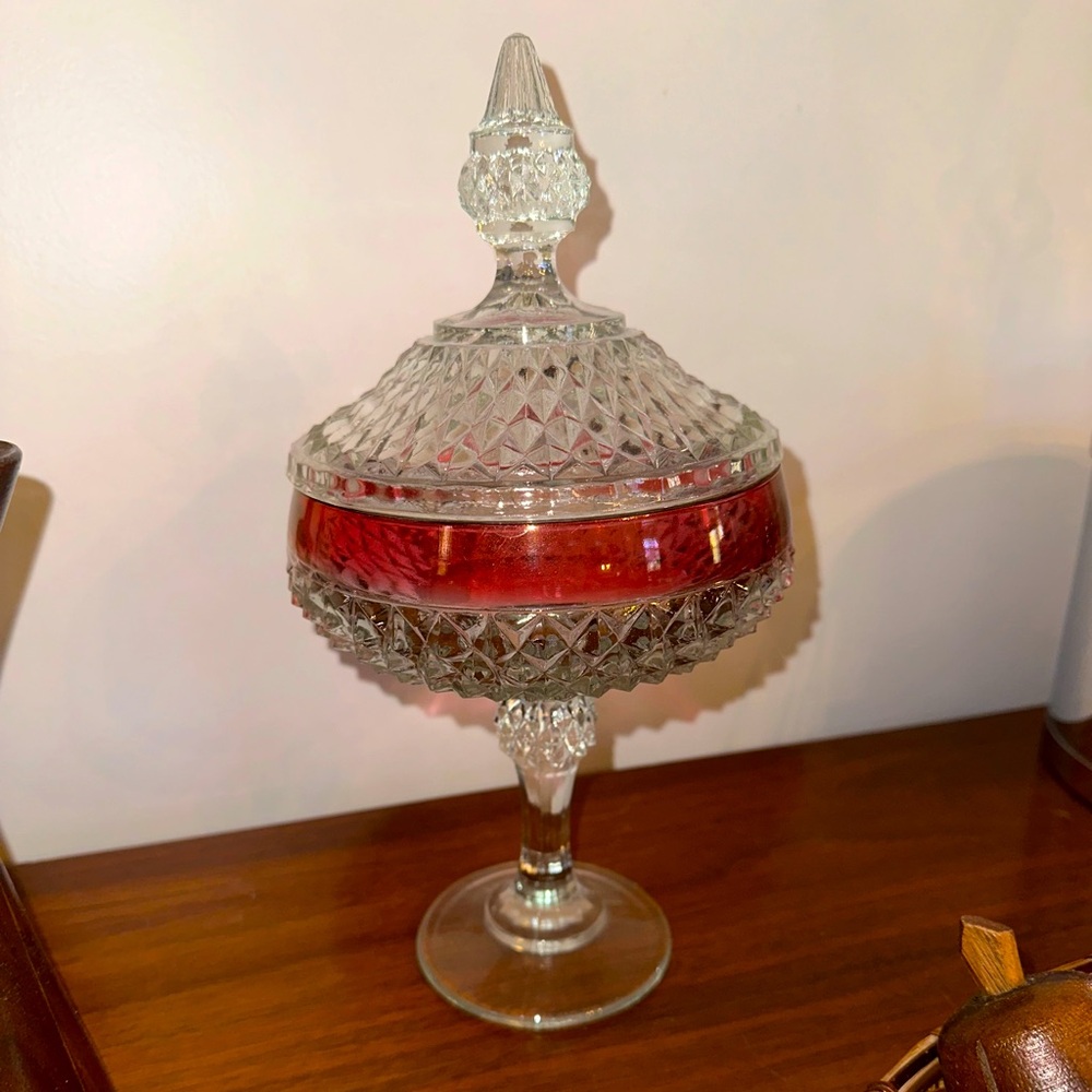 Vintage Indian Glass Diamond Point Ruby Candy Dish